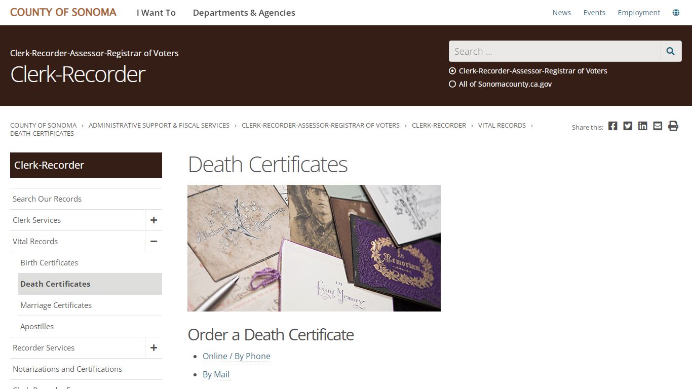 Death Certificates - Sonoma County, California