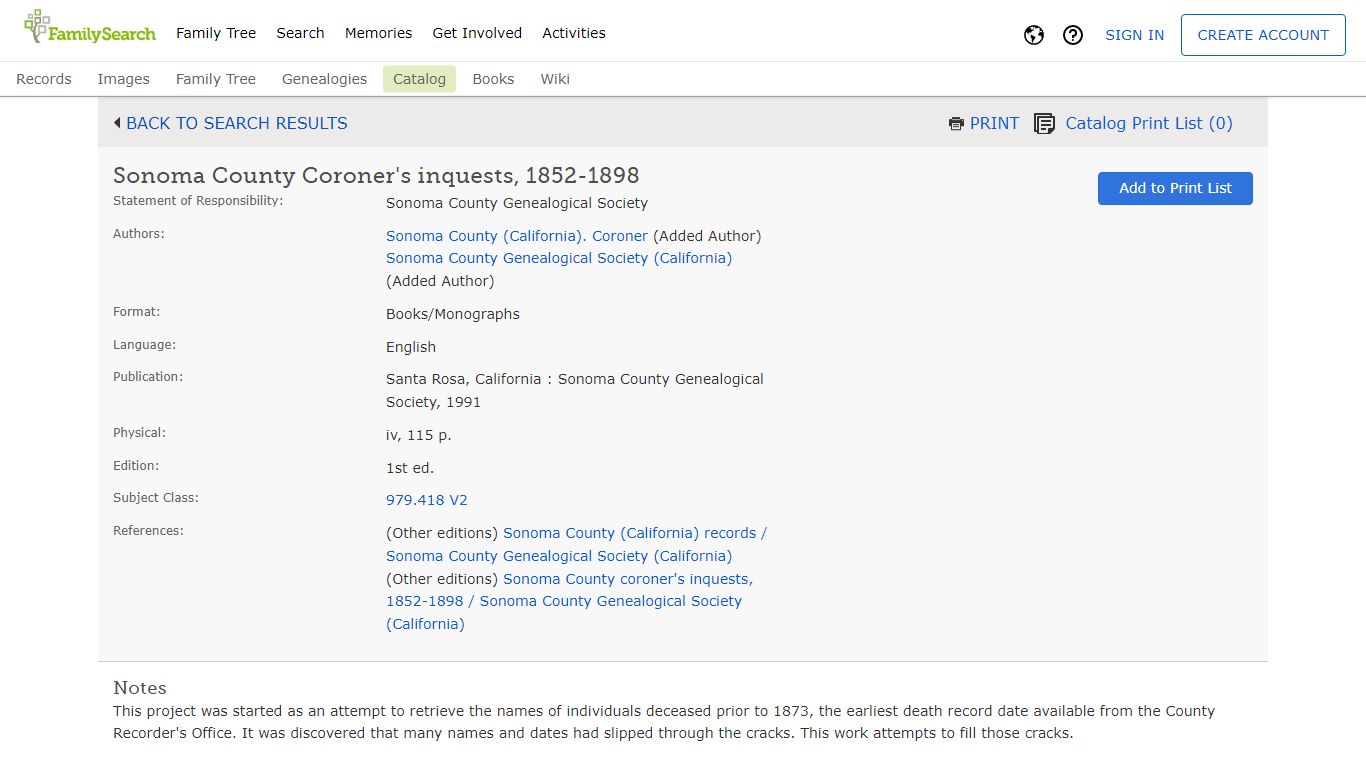 FamilySearch Catalog: Sonoma County Coroner's inquests ...